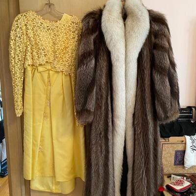 Vintage Yellow Daisy Bridesmaid Dress, Fox Full Length Fur