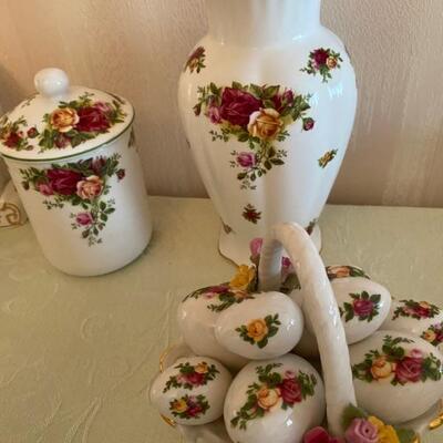 Royal Albert Old Country Roses Tea Caddy, Large Vase, Musical Easter Basket 