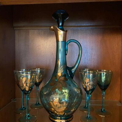 Vintage Italian Decanter, 4 Wine Glasses 