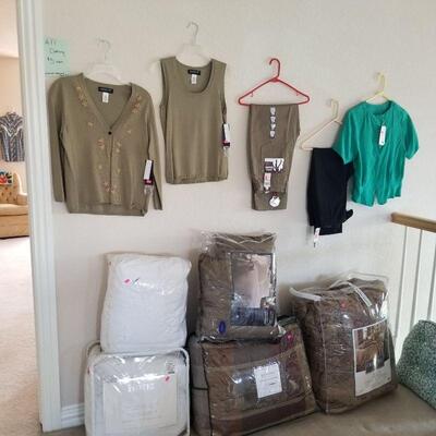 Clothing and bedding all NWT (Women's size S/M, Men's M-L)