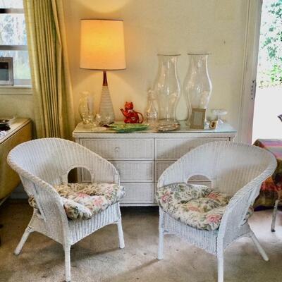 White wicker chairs (sold) and dresser
