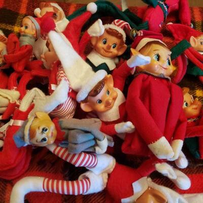 We found 15 vintage Christmas Elves ! As soon as we let them out of the box for their photo session, those naughty impish elves hid ALL...