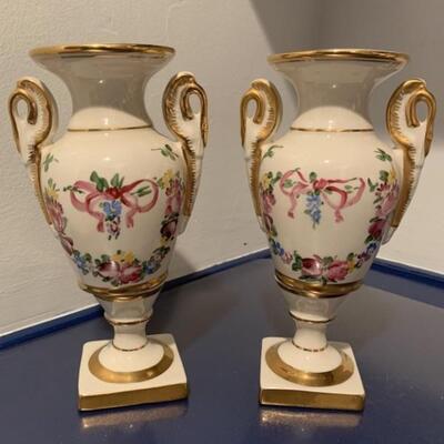 (2) Vintage Hand Painted Urns with Gold Trim