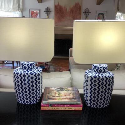 Pair Modern Blue & White Table Lamps w/ Shade