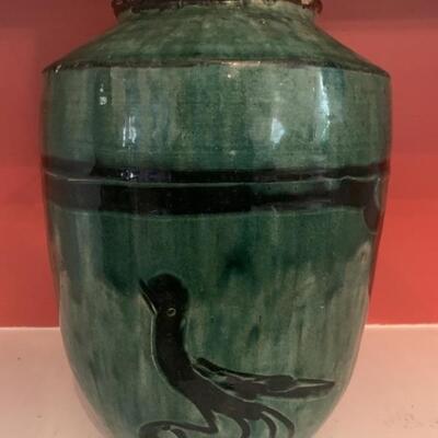 Chinese Glazed Green 10in Jar/Vase with Bird
& Flower Characters
