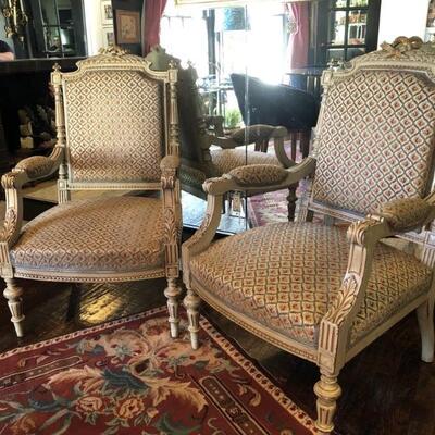 Pair Neoclassical Upholstered Parlor Arm Chairs