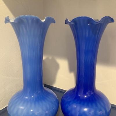 (2) Diamond Optic Cased White 14in Blue Vases