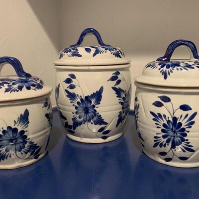 Trio of Blue and White Lidded Canisters