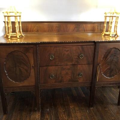 Antique English Edwardian Burled Walnut Buffet
In the style of Downtown Abbey!
Intricate Carved Detail and Inset Contrasting Wood Frame...