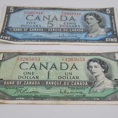 (2) 1954 Candian Bills: $5 Note & $1 Note