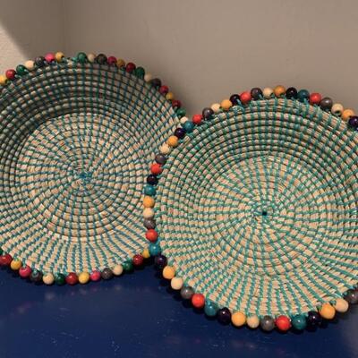 (2) Colorful Hand Woven and Beaded Baskets