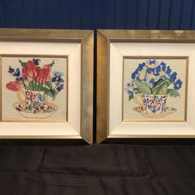 (2) Framed Needlepoint Botanicals, 16x16 Each