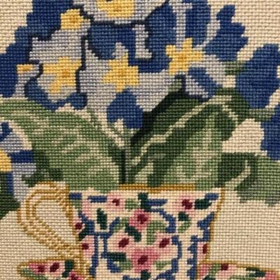 (2) Framed Needlepoint Botanicals, 16x16 Each