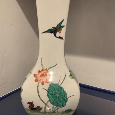 Vintage Hand Painted 17in Asian Vase, Hong Kong