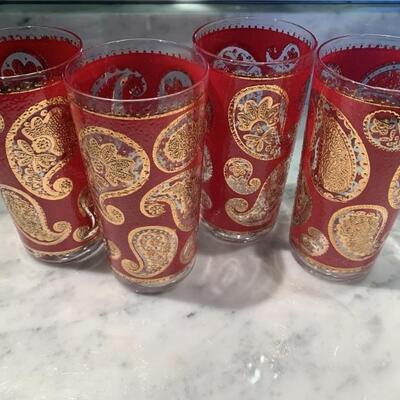(4) Barware: Culver Red and Gold Paisley Highball Midcentury Modern Barware