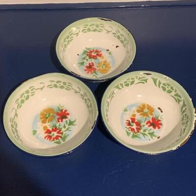 (3) Vintage Hand Painted & Enameled Metal Bowls