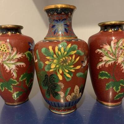 (3) Vintage Asian CloisonnÃ© Enameled Vases