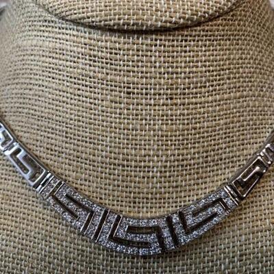 Sterling Silver Greek Key Style Necklace with
White Stones