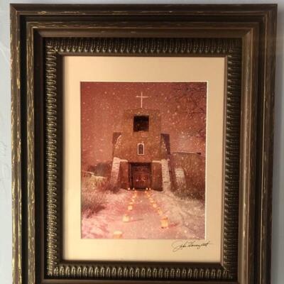 Snowy Mission Photograph, Signed by Jake Honeycutt
This photo of the San Miguel Mission in Santa Fe, NM is framed and measures 15in x 18in