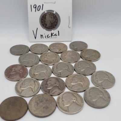 1901 Liberty 'V' Nickel + 20 Jefferson Nickels