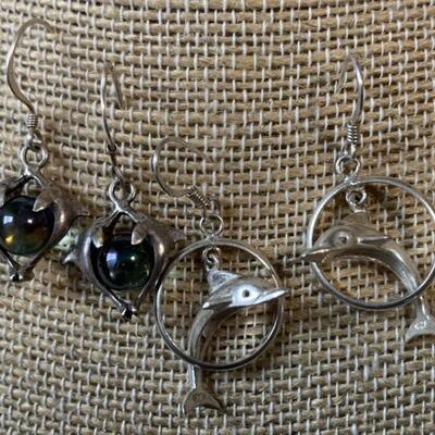 (2) Pair Sterling Silver Dangle Dolphin Earrings