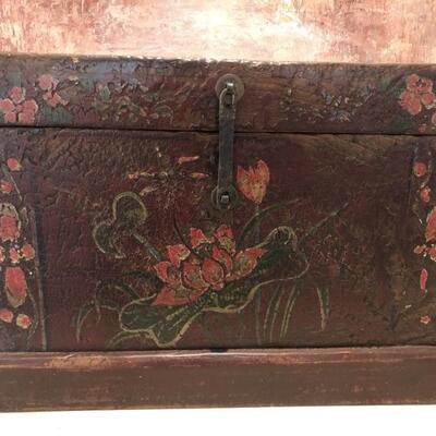 Antique Asian Wooden Chest w/ Painted Flowers