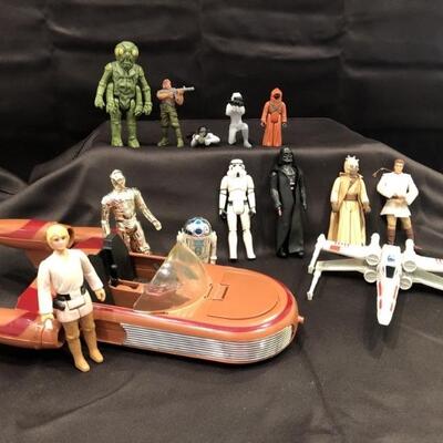 Vintage Star Wars Land Speeder, X Wing Fighter & Action Figures, as pictured