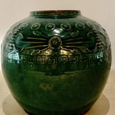 Glazed Green Ceramic Vase with Scrolled Design