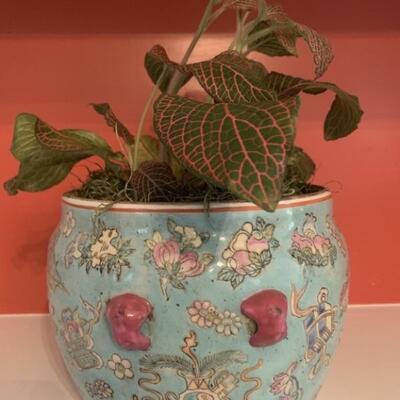 Vintage Chinoiserie Asian Style Vase w/ Live Plant