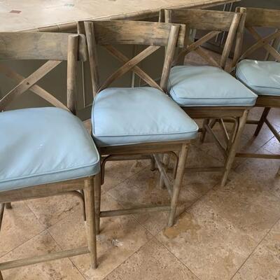 (4) Farmhouse Wooden Bar Stools with Aqua Cushions