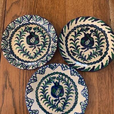 (3) Hand Painted Folk Art Blue & Green Ceramic Plates