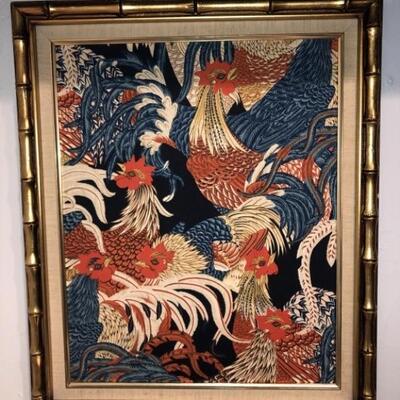 Gold Bamboo Framed Textile Art: Roosters