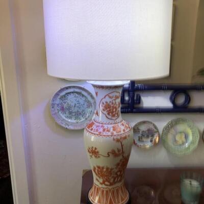 Asian Iron Red and Floral Porcelain Lamp w/ Shade