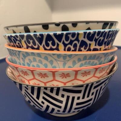 (5) Colorful, Patterned Ceramic Bowls