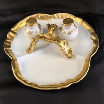 Porcelain Trimmed w 22k Gold Handled Divided Dish, & Salt & Pepper Shakers