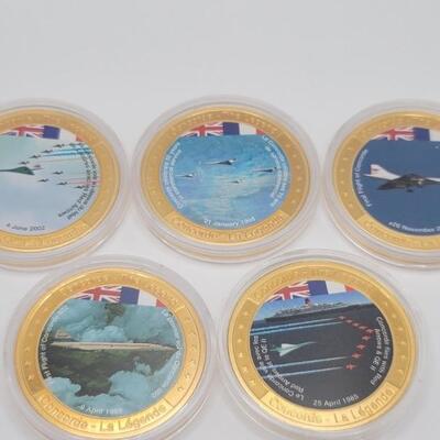 (5) American Mint Concorde Commemorative Proofs w/ COA
Each is 1 oz
Of gold plated copper in a protective capsule