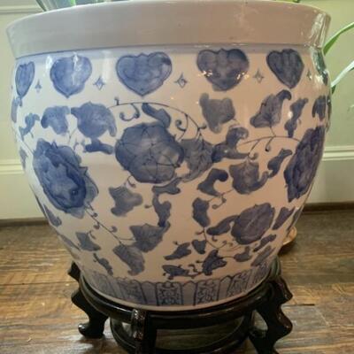 Hand Painted Asian Scene on Blue & White Planter & a Live Plant with Wooden Stand