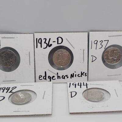 Lot of 5 Silver Mercury Dimes