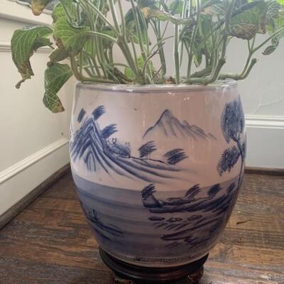 Hand Painted Asian Scene on Blue & White Planter & a Live Plant with Wooden Stand
