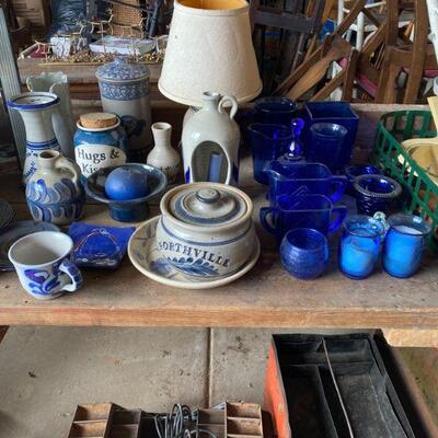 Assortment of Blue Delft Pottery. Assortment of Cobalt Blue Glassware  