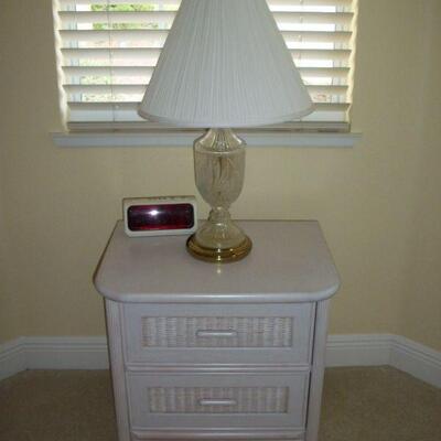 Wood and Wicker Nightstand #1 ; Cut Crystal 3-way Table Lamp #1