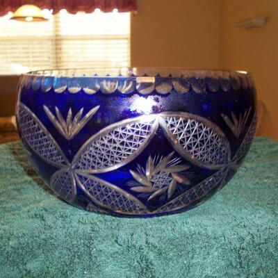 Czech Bohemian Blue cut to Clear Crystal Bowl