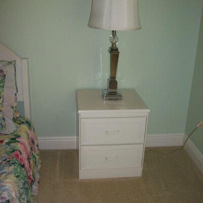 White Wood and Wicker Nightstand ; Mirrored 3-way Table Lamp