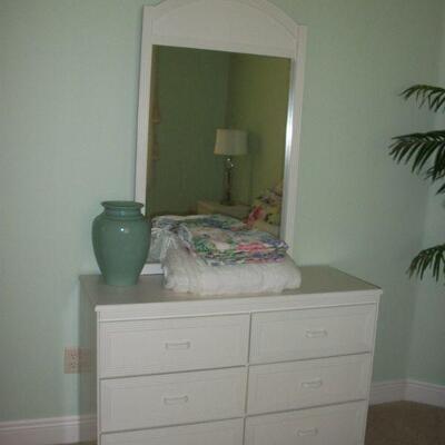 White Wood and Wicker 6 Drawer Dresser with Mirror