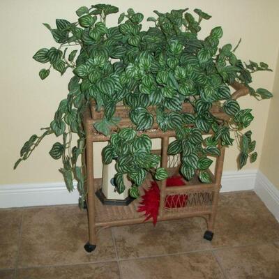 Rattan and Wicker Bar Cart ; Faux Greenery