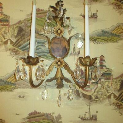 BEAUTIFUL PAIR OF MIRRORED WALL SCONCES 2 CANDLE WITH PRISMS  
