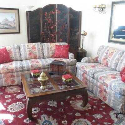 CHINESE RUG AND ENTIRE LIVING ROOM SUITE 