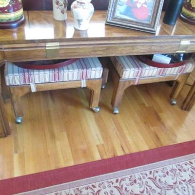 MID-CENTURY SOFA/CONSOLE TABLE WITH PAIR OF CUSHIONED ROLLING SEATING  