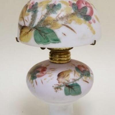 1209	CASED WHITE OVER PINK MINIATURE LAMP, HAND PAINTED, ALL ORIGINAL, 8 1/4 IN HIGH
