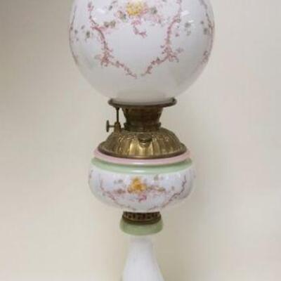 1030	VICTORIAN HAND PAINTED GLASS BANQUET LAMP, MATCHED & ALL ORIGINAL, 34 1/4 IN HIGH TO TOP OF CHIMNEY
